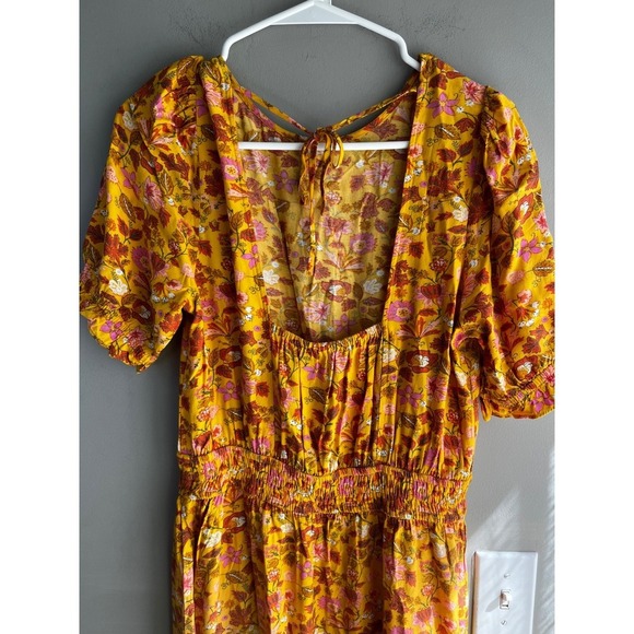 Floral Print Dress Smocked Waist Yellow Pink Rust Short Sleeve CasualFeminine - Picture 6 of 10